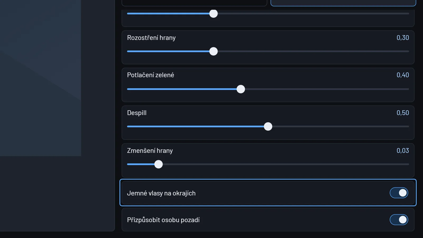 Přepínač Jemné vlasy na okrajích v nastavení klíčování